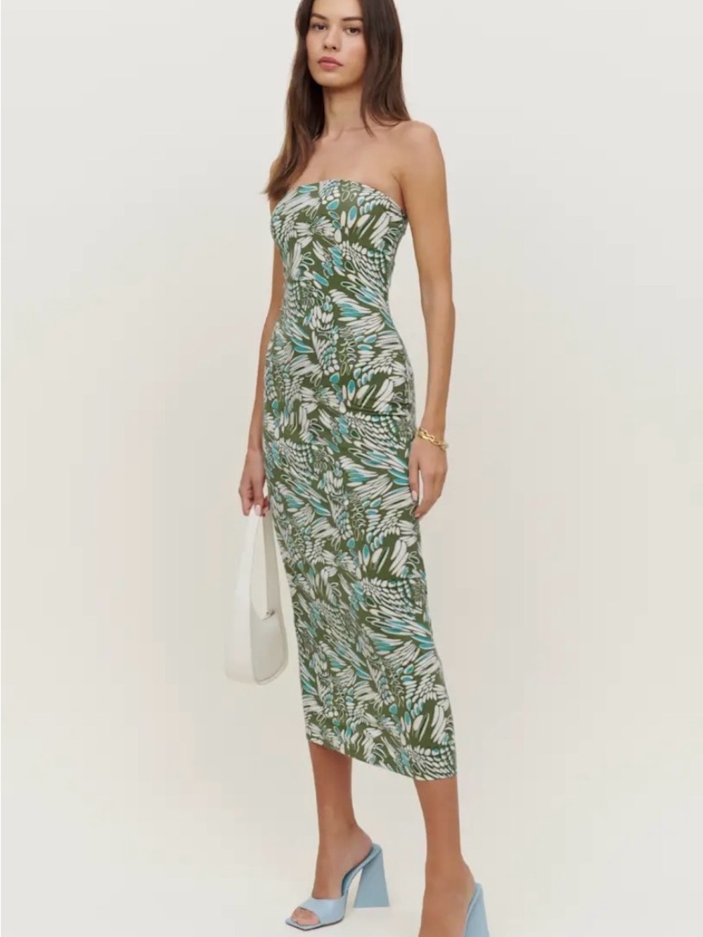 Reformation Olive Green Strapless Botanical Midi Dress